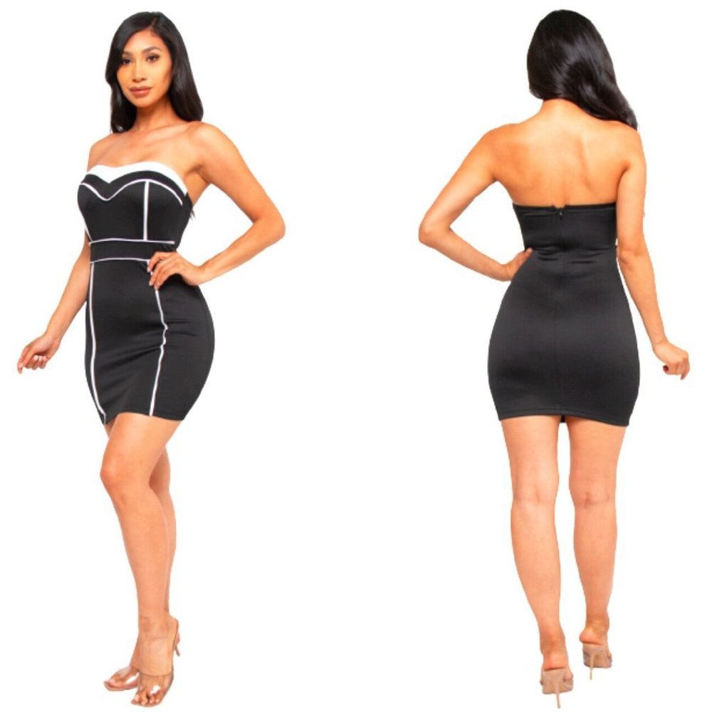 Off Shoulder Mini Dress Black and White Strapless
